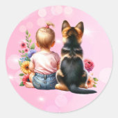 ベビーガールと子犬 | 赤ちゃんシャワー ラウンドシール (正面)