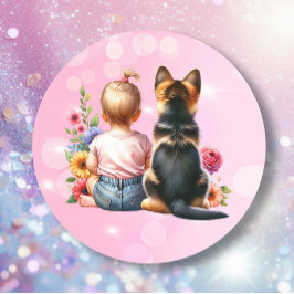 ベビーガールと子犬 | 赤ちゃんシャワー ラウンドシール