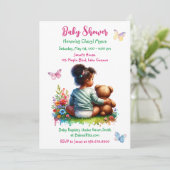 ベビーガールと彼女のテディベア |女の子の赤ちゃんシャワー 招待状 (スタンド正面)