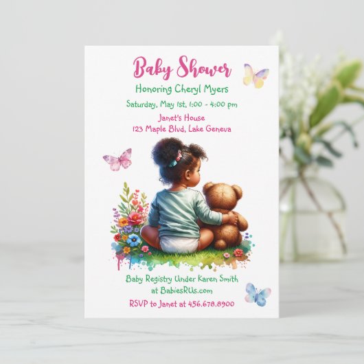 ベビーガールと彼女のテディベア |女の子の赤ちゃんシャワー 招待状 (スタンド正面)