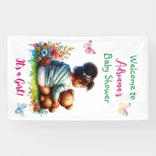 ベビーガールと彼女のテディベア |女の子の赤ちゃんシャワー 横断幕 (横)