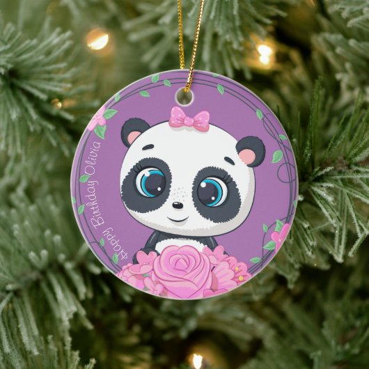 ベビーガールのお祝い。可愛い紫色の花動物 セラミックオーナメント (ツリー)