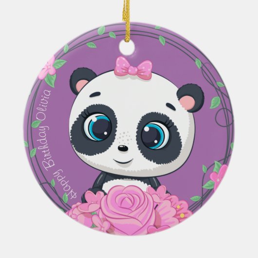 ベビーガールのお祝い。可愛い紫色の花動物 セラミックオーナメント (裏面)