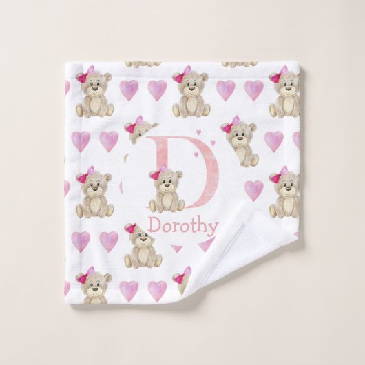 ベビーガールのためのテディベアと水色の文字D。 バスタオルセット (ウォッシュタオル)