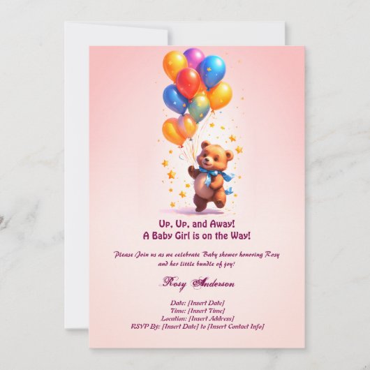 ベビーガールのためのテディベア赤ちゃんシャワー招待状 招待状 (正面)