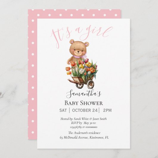 ベビーガールのテディベア招待 案内状 (正面/裏面)