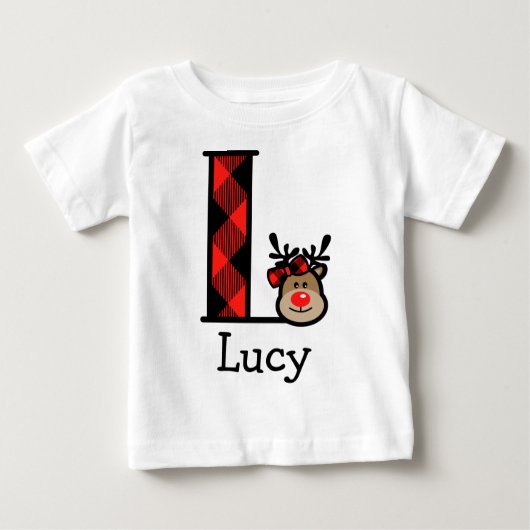ベビーガールのトナカイクリスマスプレイドボディスーツイニシャルL ベビーTシャツ (正面)