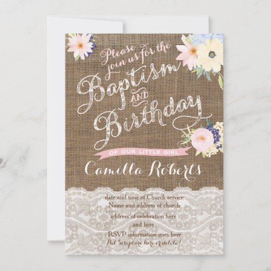 ベビーガールのバプテスマと誕生日招待状 招待状 (正面)