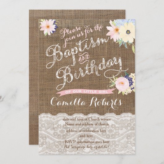 ベビーガールのバプテスマと誕生日招待状 招待状 (正面/裏面)
