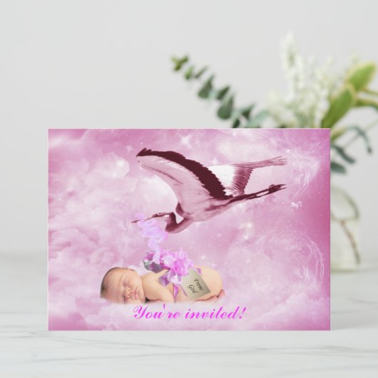 ベビーガールのピンクの雲とコウノトリのシャワーの招待 招待状 (スタンド正面)