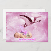 ベビーガールのピンクの雲とコウノトリのシャワーの招待 招待状 (正面/裏面)