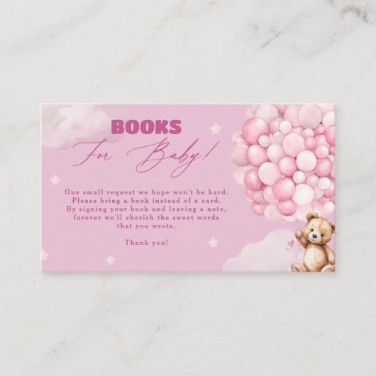 ベビーガールのベビーシャワー用ピンク色のバルーンベア エンクロージャーカード (正面)