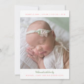 ベビーガールの出産発表のスクリプト 招待状 (裏面)