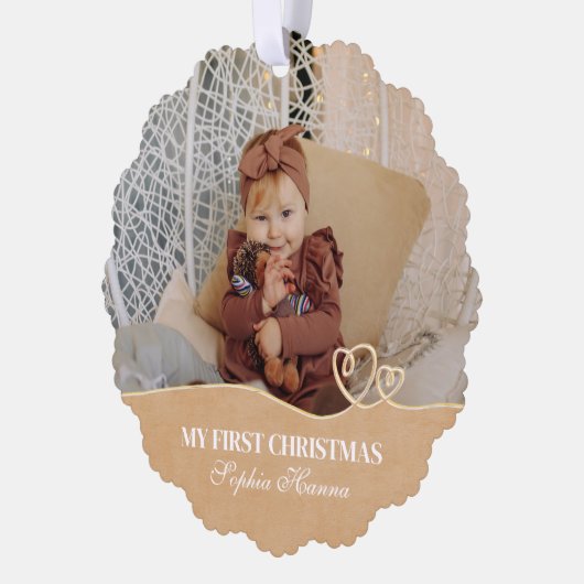 ベビーガールの初めてのクリスマス誕生統計と写真 オーナメントカード (左)