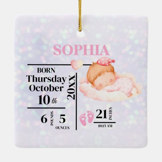 ベビーガールの初めてのクリスマス誕生統計と写真 セラミックオーナメント (裏面)