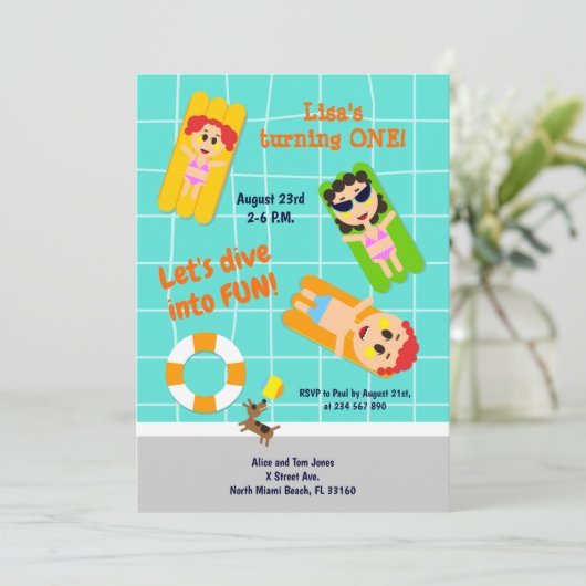 ベビーガールの最初の誕生日プールパーティの招待状 招待状 (スタンド正面)