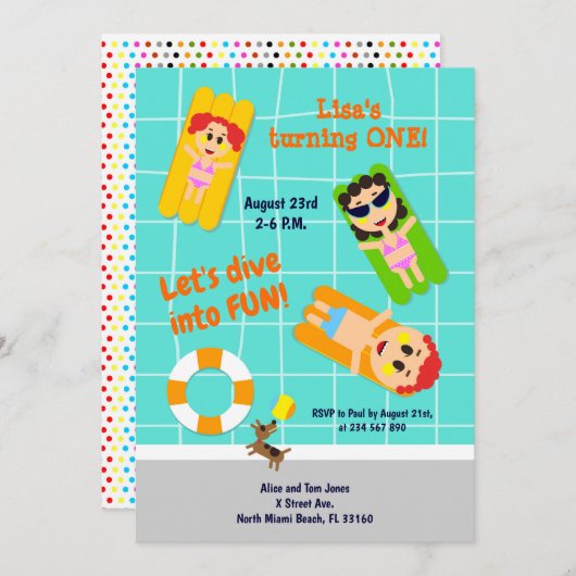 ベビーガールの最初の誕生日プールパーティの招待状 招待状 (正面/裏面)