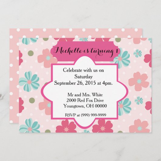 ベビーガールの最初の誕生日 招待状 (正面/裏面)