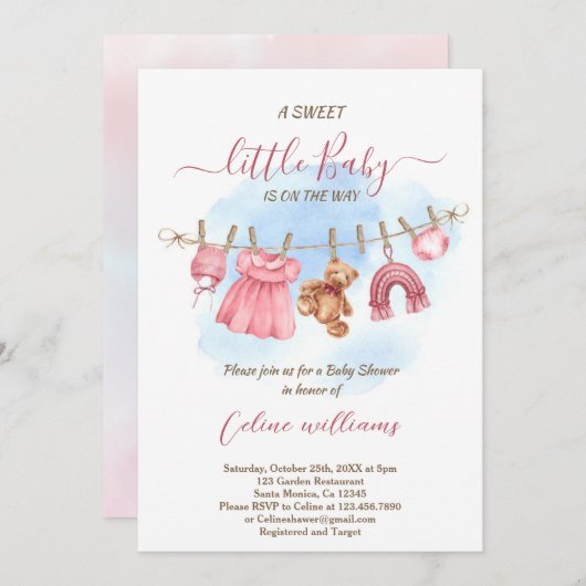 ベビーガールの物干しベビーシャワー招待状 招待状 (正面/裏面)