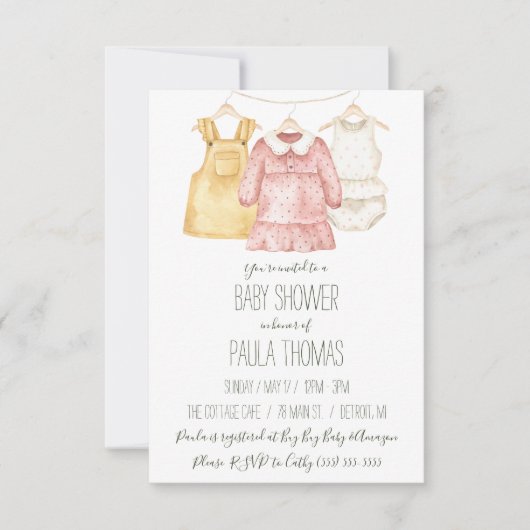 ベビーガールの衣服物干しダビシャワー 招待状 (正面)