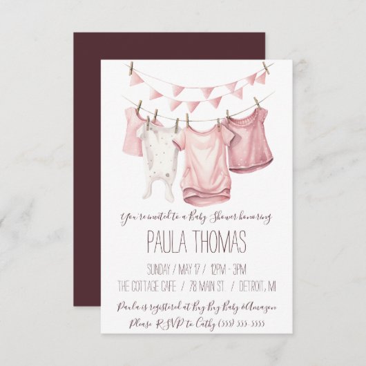 ベビーガールの衣服物干しダビシャワー 招待状 (正面/裏面)