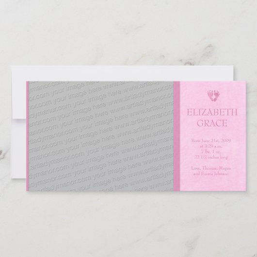 ベビーガールの足跡の写真の誕生のお知らせ 案内状 (正面)