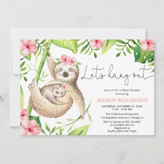 ベビーガールはピンク色の緑の熱帯性のベビーシャワーをスロー 招待状 (正面)