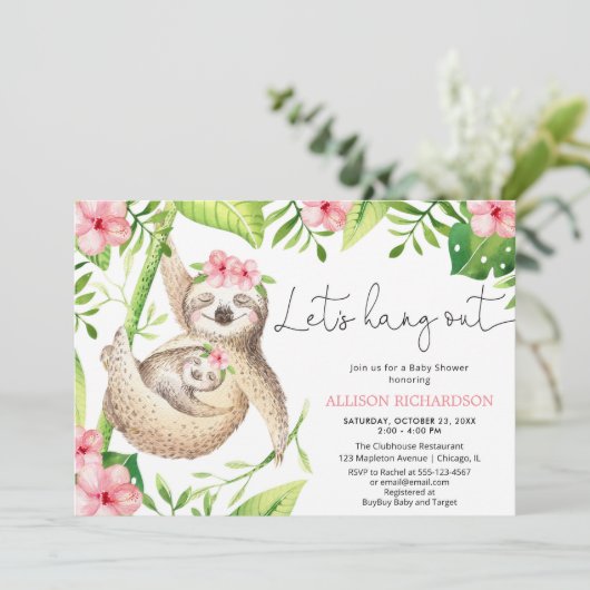 ベビーガールはピンク色の緑の熱帯性のベビーシャワーをスロー 招待状 (スタンド正面)