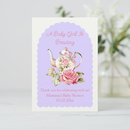 ベビーガールはフローラ茶のパーティー赤ちゃんシャワーを醸造している サンキューカード (スタンド正面)