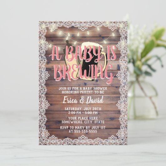 ベビーガールはレース素朴木赤ちゃんシャワーを醸造している 招待状 (スタンド正面)