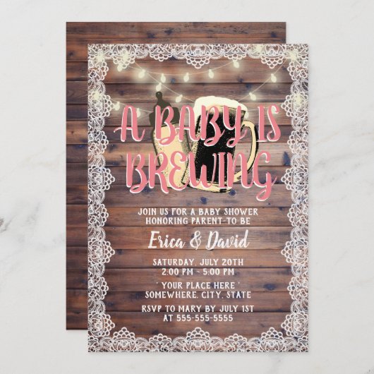 ベビーガールはレース素朴木赤ちゃんシャワーを醸造している 招待状 (正面/裏面)