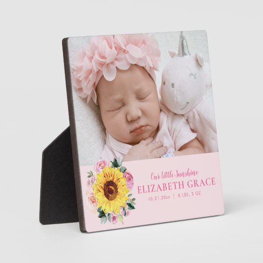 ベビーガールひまわりピンクのフローラパーソナライズされた写真 フォトプラーク (正面)