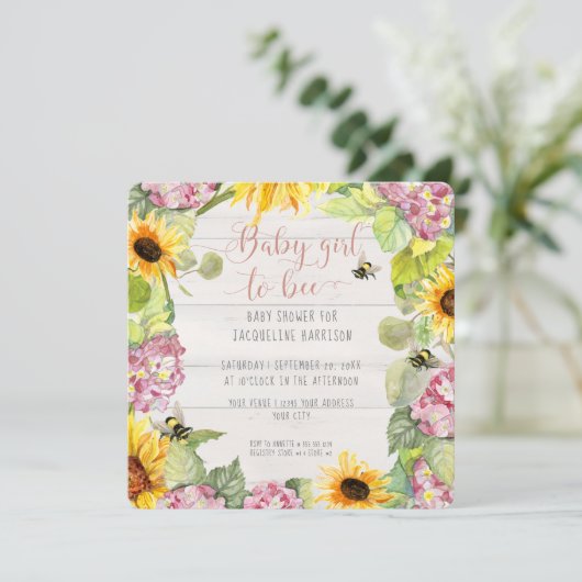 ベビーガールへヒマワリピンクアジサイのシャワー 招待状 (スタンド正面)