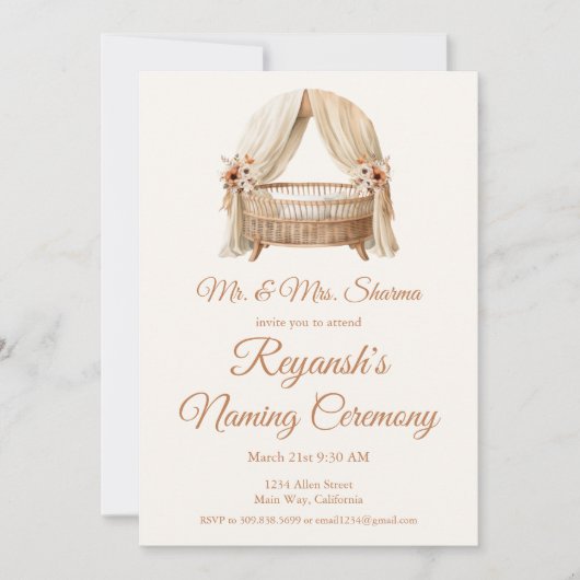 ベビーガールまたは少年クレードルの命名式 招待状 (正面)