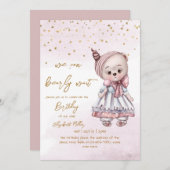 ベビーガールを待つことができる1st誕生日 招待状 (正面/裏面)