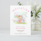 ベビーガールイラストレーションピンクファースト誕生日パーティー 招待状 (スタンド正面)