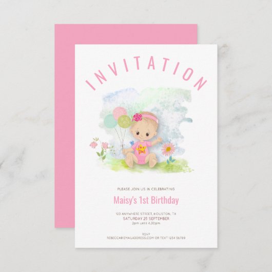 ベビーガールイラストレーションピンクファースト誕生日パーティー 招待状 (正面/裏面)