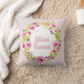 ベビーガールウォーターカラーフラワーリース&ネーム子供部屋 クッション (ブランケット)