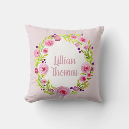 ベビーガールウォーターカラーフラワーリース&ネーム子供部屋 クッション (正面)