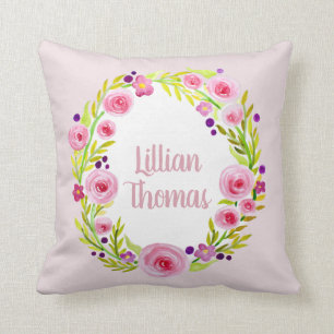 ベビーガールウォーターカラーフラワーリース&ネーム子供部屋 クッション
