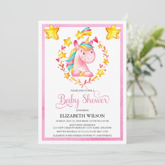 ベビーガールウォーター色ユニコーン赤ちゃんシャワー 招待状 (スタンド正面)