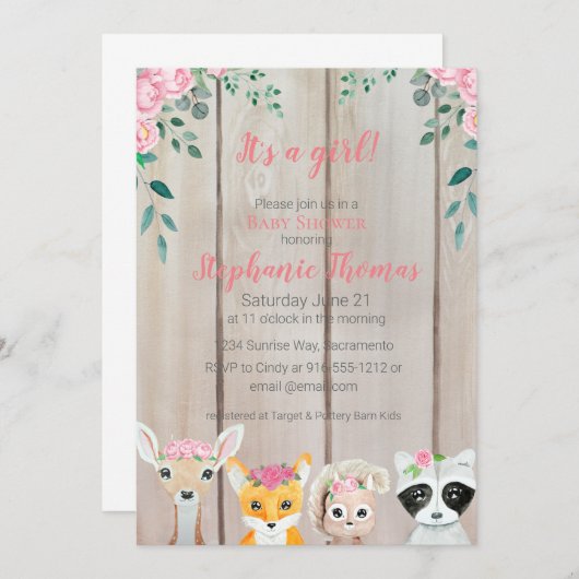ベビーガールウッドランドアニマルズシャワー招待状 招待状 (正面/裏面)