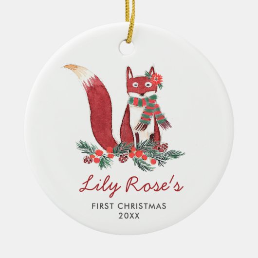 ベビーガールウッドランドキツネパーソナライズされた第1クリスマス セラミックオーナメント (正面)