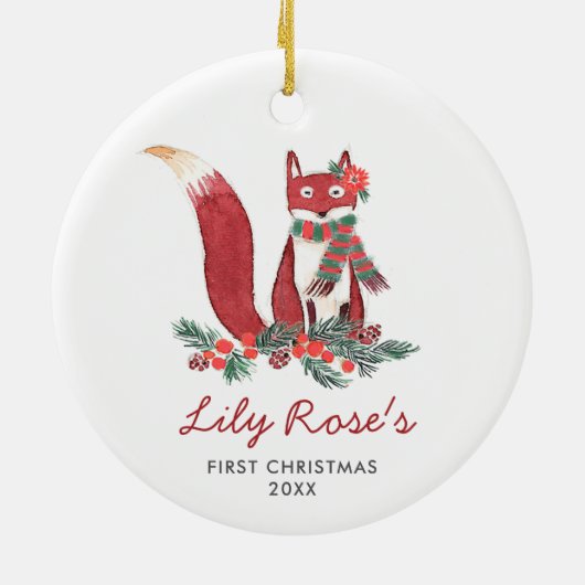 ベビーガールウッドランドキツネパーソナライズされた第1クリスマス セラミックオーナメント (裏面)