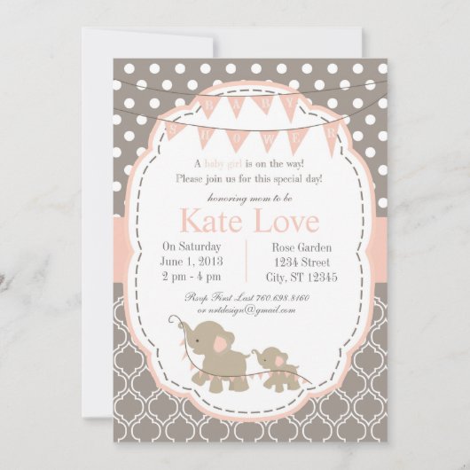 ベビーガールエレファントシャワー招待状 – ピンク 招待状 (正面)