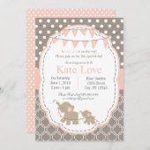 ベビーガールエレファントシャワー招待状 – ピンク 招待状 (正面/裏面)