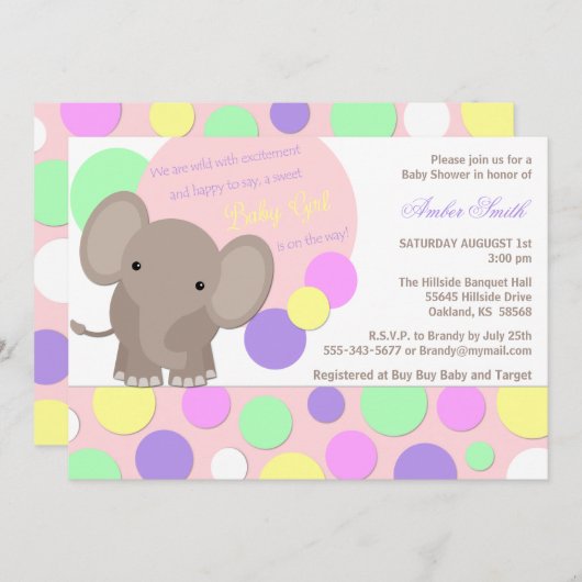 ベビーガールエレファントシャワー招待状 招待状 (正面/裏面)