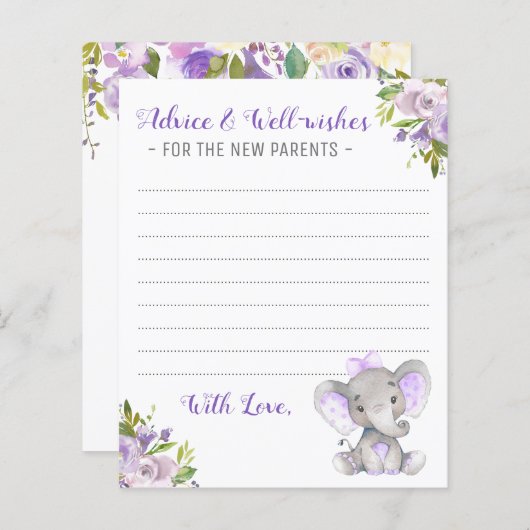 ベビーガールエレファントシャワー新しい親のアドバイスカード (正面/裏面)