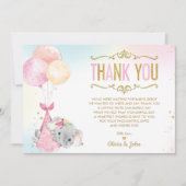 ベビーガールエレファントバルーンベビーシャワーが散る サンキューカード (正面)