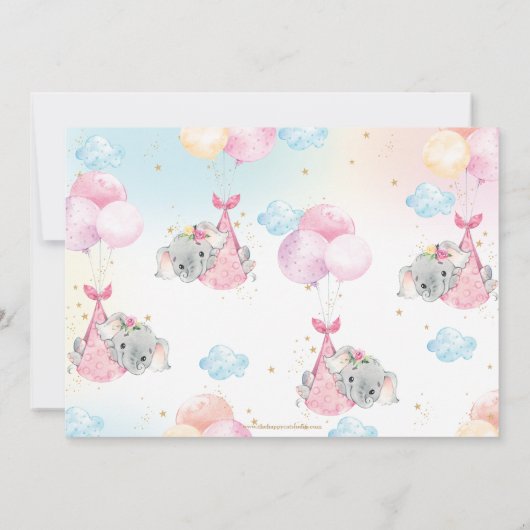 ベビーガールエレファントバルーンベビーシャワーが散る サンキューカード (裏面)